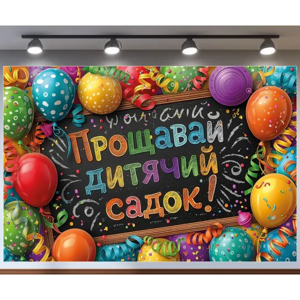 Баннер для фотозоны Выпуск Прощай детский сад с шарами Разноцветный с вашей надписью