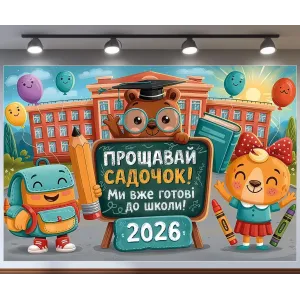 Банер для фотозони Випуск Прощавай садочок Ми вже готові до школи зі звірятами Різнокольоровий з вашим написом