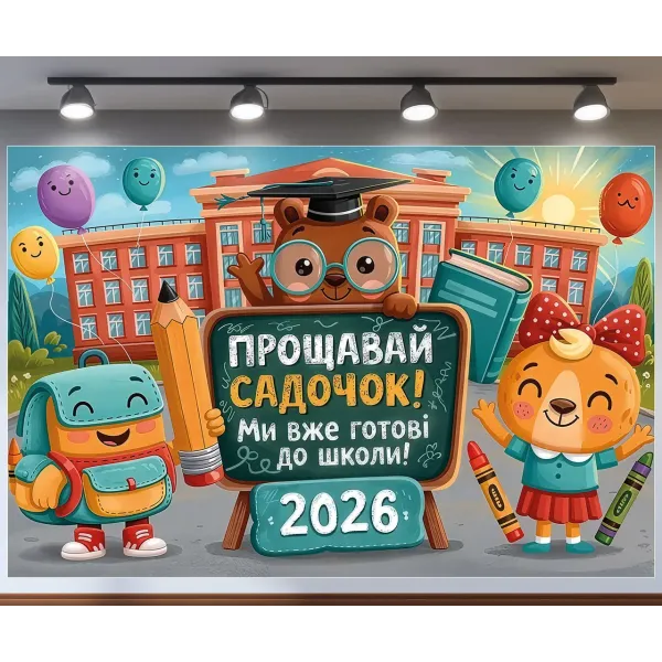 Баннер для фотозоны Выпуск Прощай садик Мы уже готовы к школе со зверятами Разноцветный с вашей надписью
