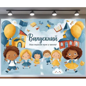 Банер для фотозони Випускний Наш перший крок у школу Блакитний і жовтий з вашим написом