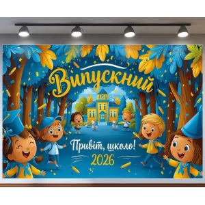 Банер для фотозони Випускний 2026 Привіт школо з дітками Синій і жовтий з вашим написом