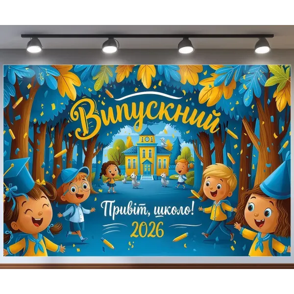 Банер для фотозони Випускний 2026 Привіт школо з дітками Синій і жовтий з вашим написом