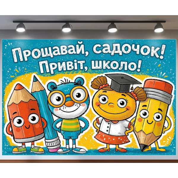 Баннер для фотозоны Прощай садик Привет школа с котиком Голубой и желтый с вашей надписью