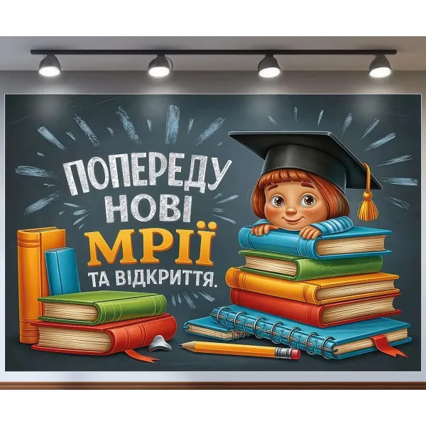 Банер для фотозони Випуск садочок Попереду нові мрії та відкриття Різнокольоровий з вашим написом
