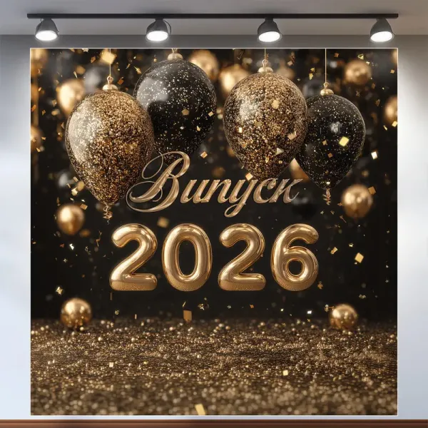 Баннер для фотозоны на Выпуск 2026 с золотыми 3Д цифрами Черный
