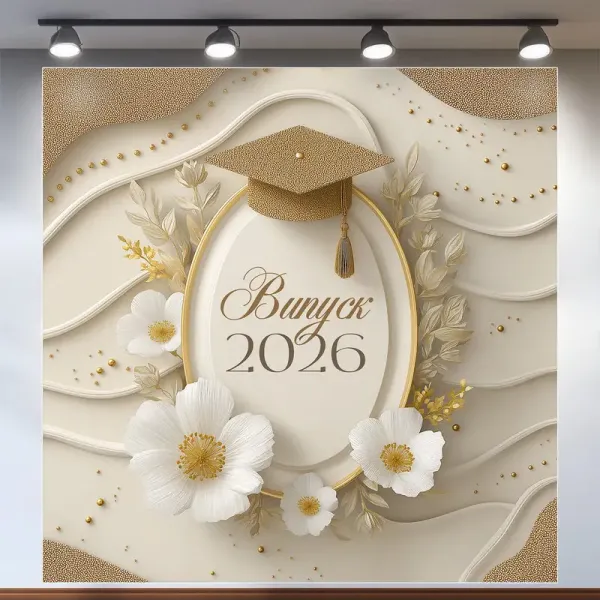 Банер для фотозони на Випуск 2026 в школу та університет з квітками Білий