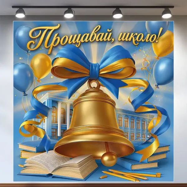 Банер для фотозони на Останній дзвоник Прощавай школо Жовтий і блакитний