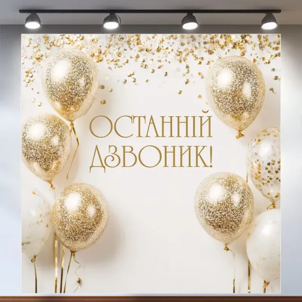 Банер для фотозони на Останній дзвоник з золотими кульками Білий
