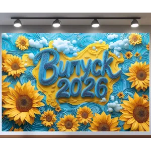 Банер для фотозони патріотичний на Випуск 2026 з об'ємними соняшниками Синій и жовтий