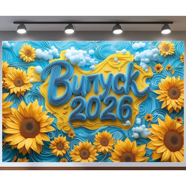 Баннер для фотозоны патриотический на Выпуск 2026 с объемными подсолнухами Синий и желтый