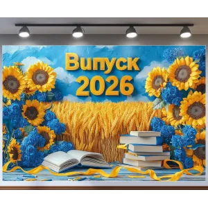 Банер для фотозони патріотичний на Випуск 2026 Небо і Пшениця Синій і жовтий