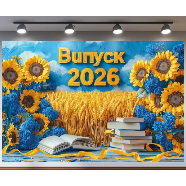 Банер для фотозони патріотичний на Випуск 2026 Небо і Пшениця Синій і жовтий