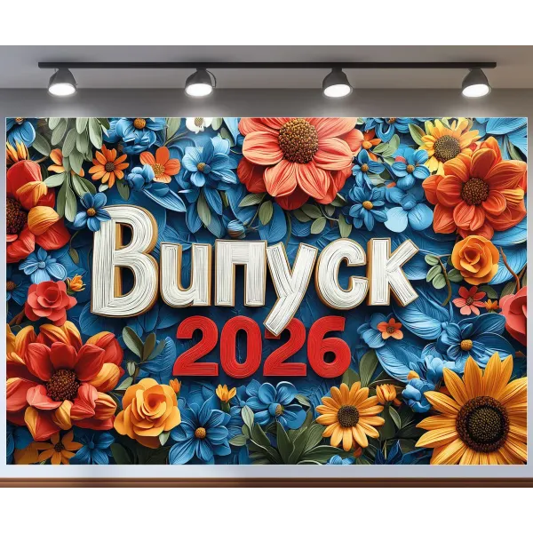 Баннер для фотозоны на Выпуск 2026 Подсолнухи и маки Синий и красный