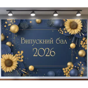 Банер для фотозони Випускний бал 2026 Соняшники Темно синій