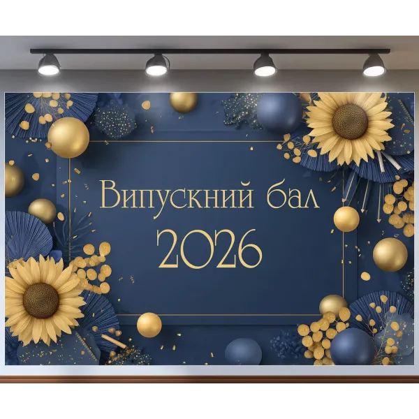 Банер для фотозони Випускний бал 2026 Соняшники Темно синій