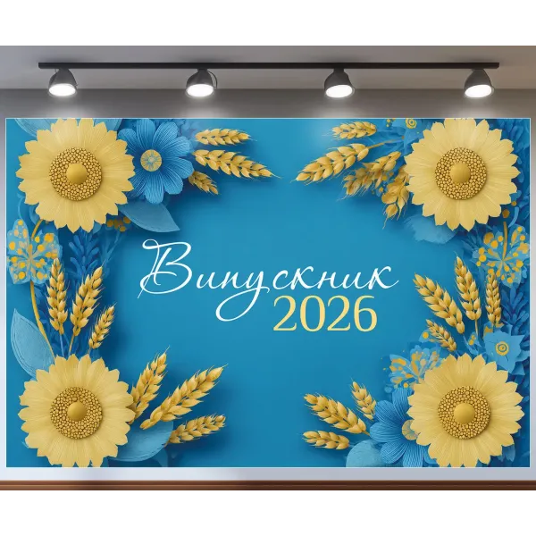 Банер для фотозони патріотичний Випускник 2026 Соняшники та колоски Блакитний
