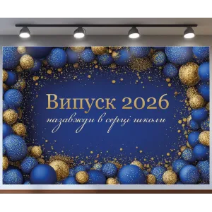 Банер для фотозони Випуск 2026 Назавжди в серці школи з кульками Синій
