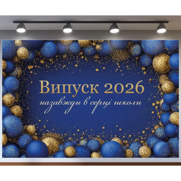Банер для фотозони Випуск 2026 Назавжди в серці школи з кульками Синій