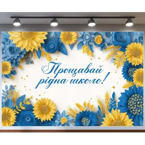 Банер для фотозони на Випуск Прощавай рідна школо з квітами Синій і жовтий