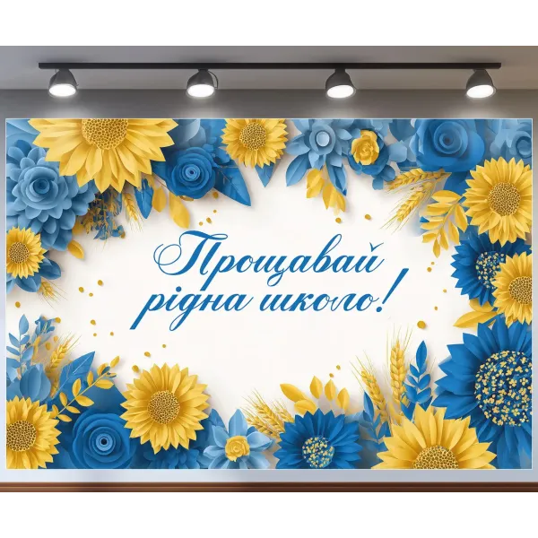 Баннер для фотозоны на выпуск Прощай родная школа с цветами Синий и желтый