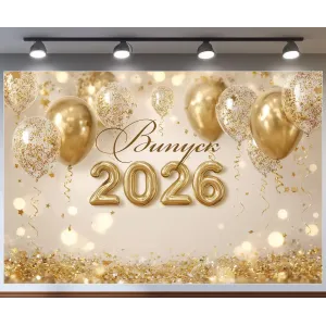 Банер для фотозони на Випуск 2026 з кульками та конфетті Бежевий і золото