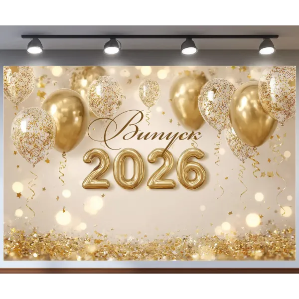 Баннер для фотозоны на Выпуск 2026 с шариками и конфетти Бежевый и золото