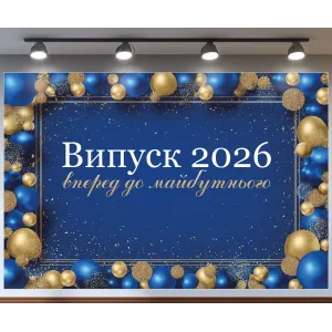 Банер для фотозони Випуск 2026 Вперед до майбутнього з кульками Синій і золото