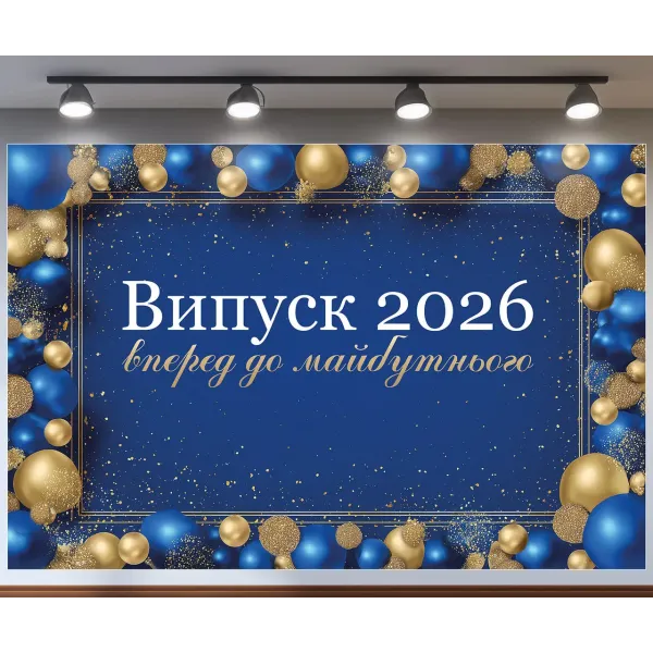 Банер для фотозони Випуск 2026 Вперед до майбутнього з кульками Синій і золото