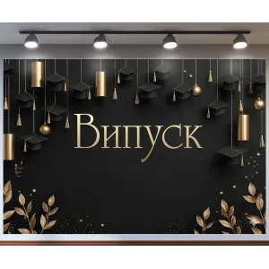 Банер для фотозони Випуск Академічні шапки Чорний і золото