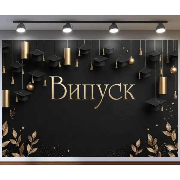 Банер для фотозони Випуск Академічні шапки Чорний і золото