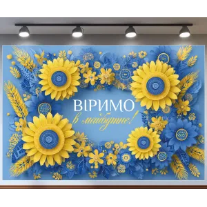 Банер для фотозони на Випуск Віримо у майбутнє з 3Д квітами Жовтий і блакитний