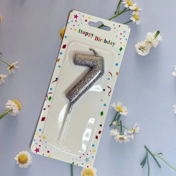 Свічка в торт 6 см Цифра 7 Блискітки срібло