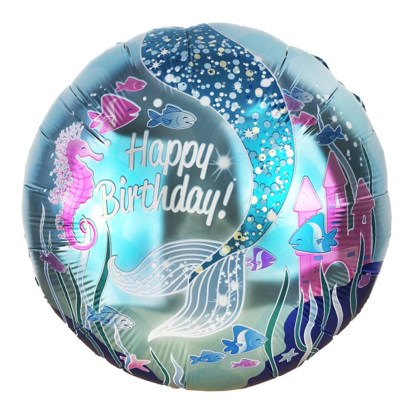 Куля фольгована кругла 18" 45 см з малюнком Океан Happy birthday Блакитний