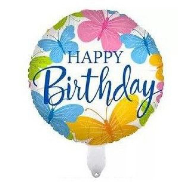 Куля фольгована кругла 18" 45 см Метелики Happy Bithday Білий та блакитний