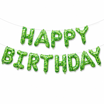 Куля фольгована напис надувний 40 см Happy Birthday Майнкрафт Пікселі Зелений