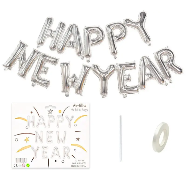 Куля фольгована напис надувний 40 см на Новий рік New Year Срібло