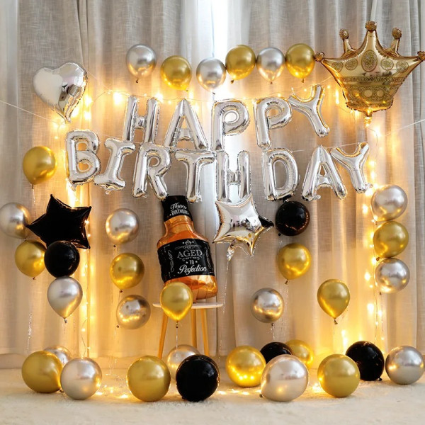 Набор воздушных шаров для фотозоны для мужчины Happy birthday с короной Золото и серебро